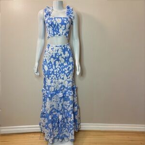 Blue white shirred crop top shirred maxi skirt with ruffles set